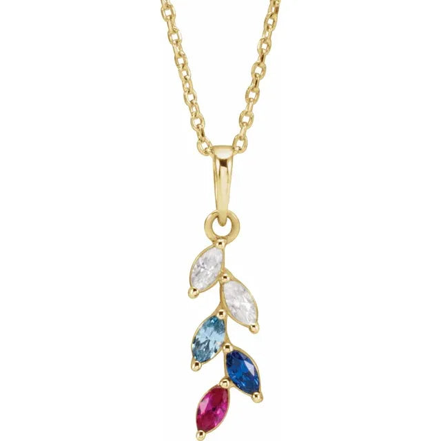 14K Gold Marquise Natural Diamond and Birthstone Family Leaf Pendant