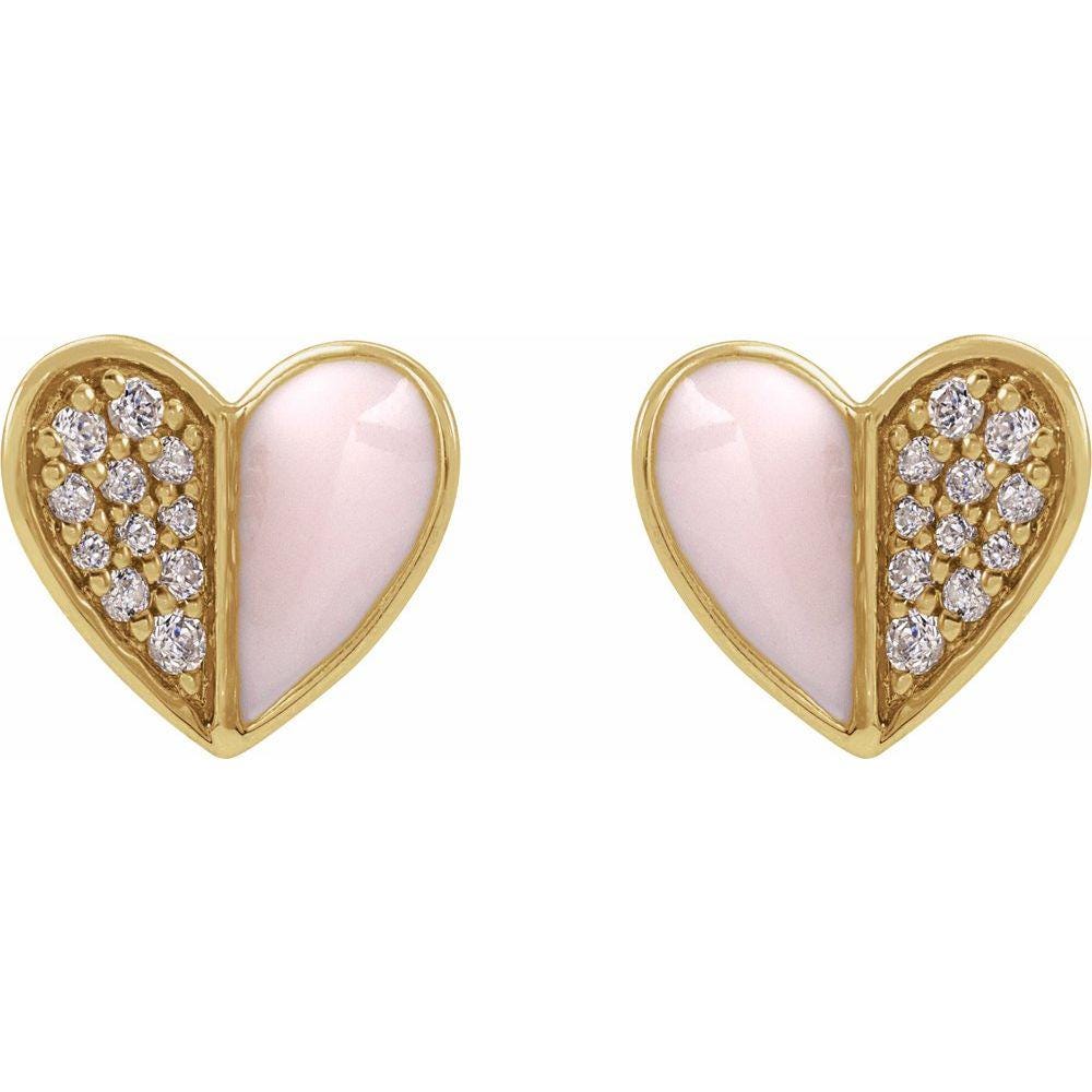 14K Gold 1/10 Natural Diamond & Pink Enamel Heart Earrings